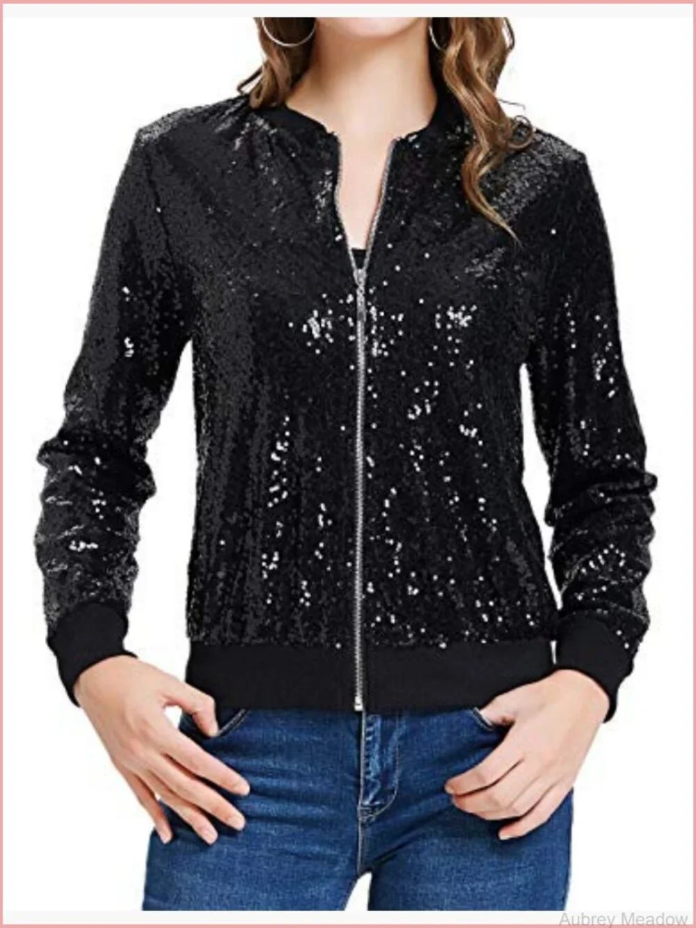 Sequin Bomber Jacket with Pockets Long Sleeve Zip Front Party Blazer S-2XL
